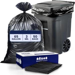 Plasticplace 65 Gallon Trash Bags │ 3.0 Mil │ Black Heavy Duty Garbage Can Liners │ 50” X 48” (50Count)