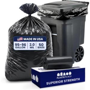 Plasticplace 95-96 Gallon Trash Bags │ 2.0 Mil │ Black Heavy Duty Garbage Can Liners │ 61” x 68” (50 Count)