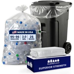 Plasticplace 95-96 gallon Garbage Can Liners │ 2 Mil │ Clear Heavy Duty Trash Bags │ 61” X 68” (25Count)(25 Count (Pack of 1))