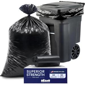 Plasticplace Black Trash Bags (50 Count) – Heavy Duty 64-65 Gallon Garbage Bags, Puncture Resistant, Large Trash Can Liners, Ideal for Toter Cans, Kitchen & Outdoor Use, 50″ x 60″ 1.5 Mil