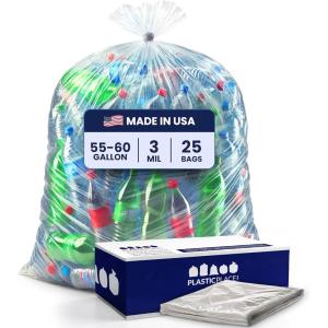 Plasticplace Contractor Trash Bags 55-60 Gallon – 3.0 Mil, Clear Heavy Duty Garbage Bag 38″ x 58″ (25 Count)