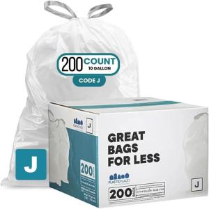 Plasticplace Custom Fit Trash Bags Compatible with Simplehuman Code J – 10-10.5 Gallon Drawstring Garbage Bags, Tear-Resistant, 200 Count White Trash Can Liners for Kitchens, Bathrooms & Offices(200 count (Pack of 1))