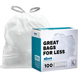 Plasticplace Custom Fit Trash Bags, Compatible with Simplehuman Code L (200 Count) White Drawstring Garbage Liners 4.8 Gallon / 18 Liters, 16.75″ x 24.5″(White)