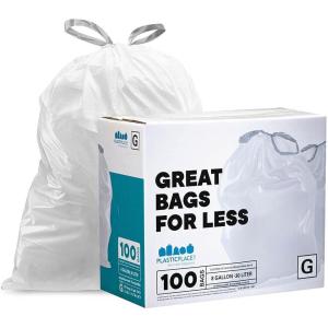 Plasticplace Custom Fit Trash Bags, Compatible with simplehuman Code G (100 Count) White Drawstring Garbage Liners 8 Gallon / 30 Liters, 17.5″ x 28″(White)