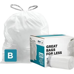 Plasticplace Trash Bags, Compatible with simplehuman Code B (200 Count) White Drawstring Garbage Liners 1.6 Gallon / 6 Liter, 12.5″ x 15.5″
