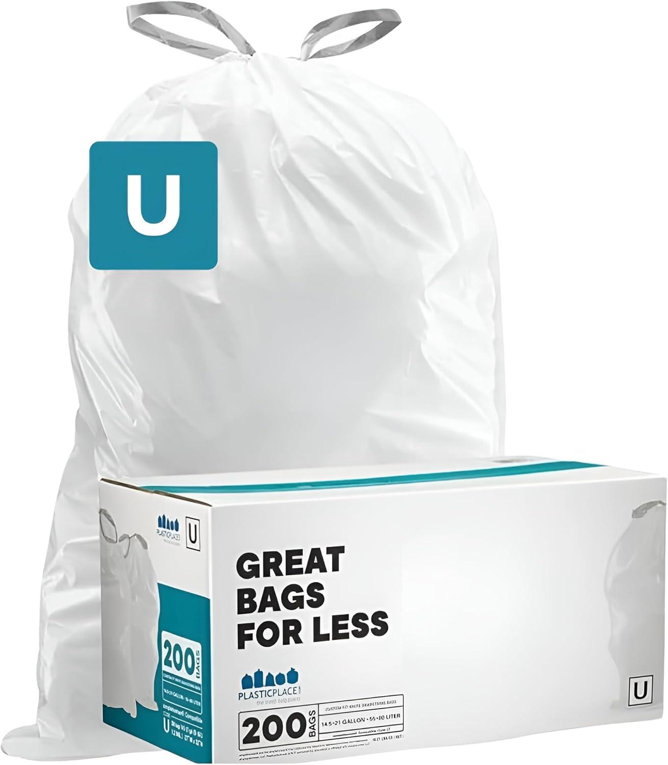 image:imagePlasticplace Custom Fit Trash Bags Compatible with simplehuman Code U 200 Count White Drawstring Garbage Liners 14521 Gallon 5580 Liter 265 x 32White